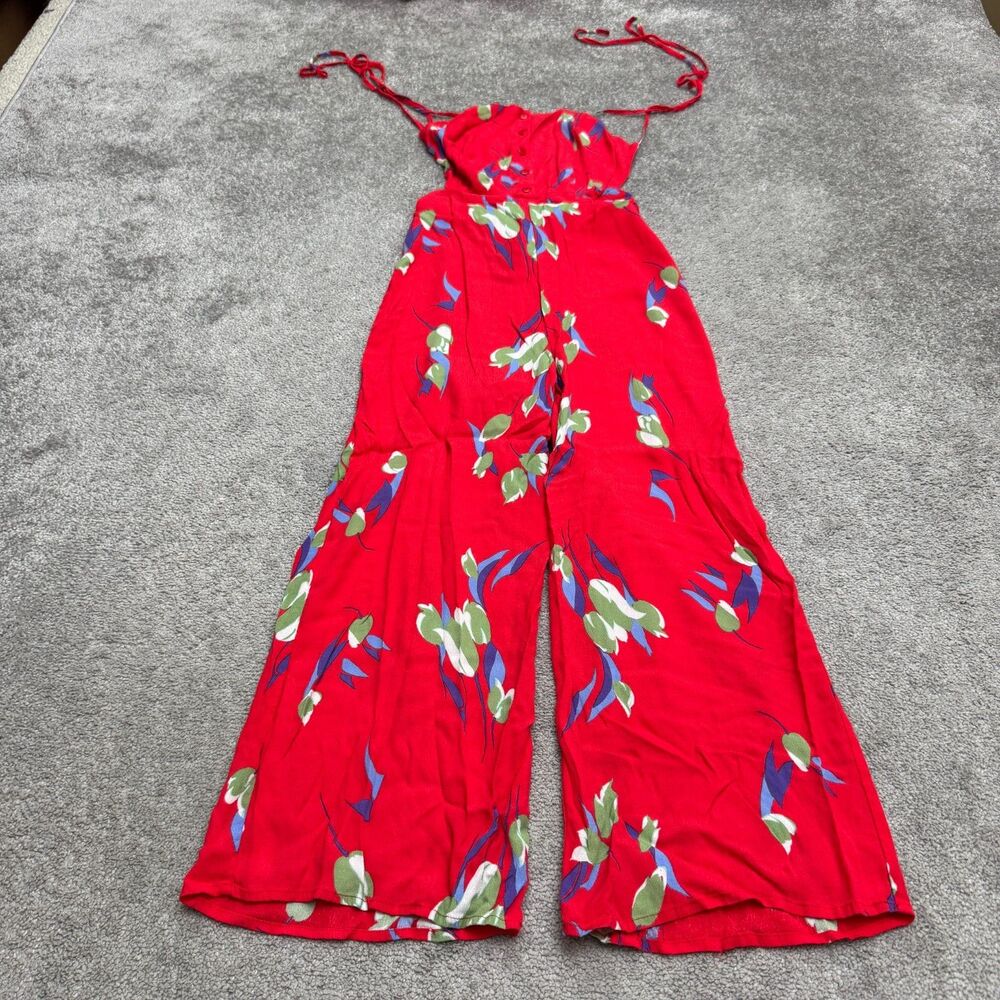 Urban Outfitters Floral Halter Wide Leg Jumpsuit Women 2 Red Open Lined Festival